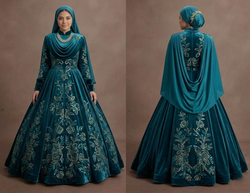 Muslim Prom Dress Teal Velvet High Neck Elegant Prom