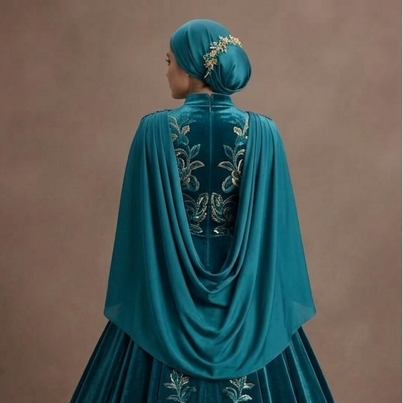 Muslim Prom Dress Teal Velvet High Neck Elegant Prom
