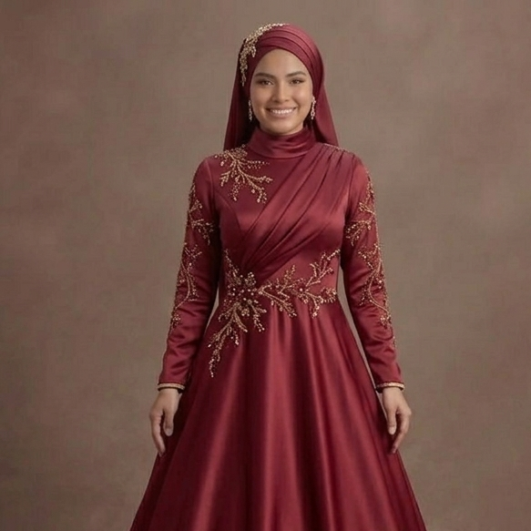 Muslim Prom Dress Wine Red Satin High Neck Formal Evening