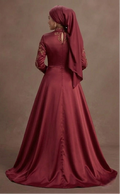 Muslim Prom Dress Wine Red Satin High Neck Formal Evening