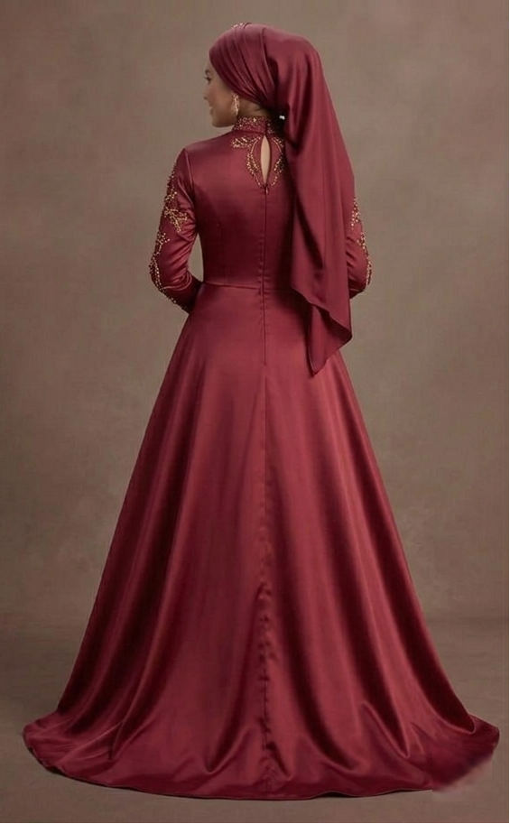Muslim Prom Dress Wine Red Satin High Neck Formal Evening