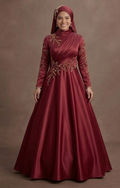 Muslim Prom Dress Wine Red Satin High Neck Formal Evening