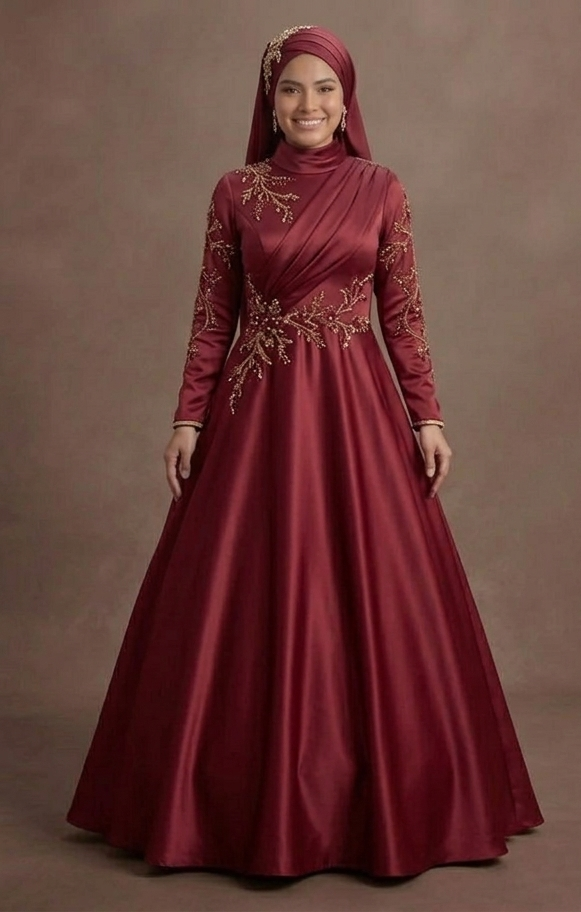 Muslim Prom Dress Wine Red Satin High Neck Formal Evening