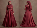 Muslim Prom Dress Wine Red Satin High Neck Formal Evening