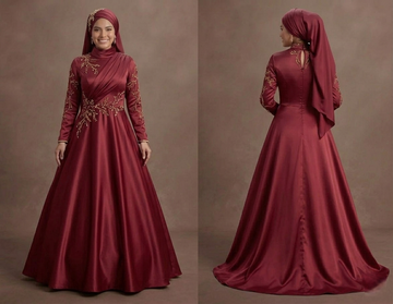 Muslim Prom Dress Wine Red Satin High Neck Formal Evening