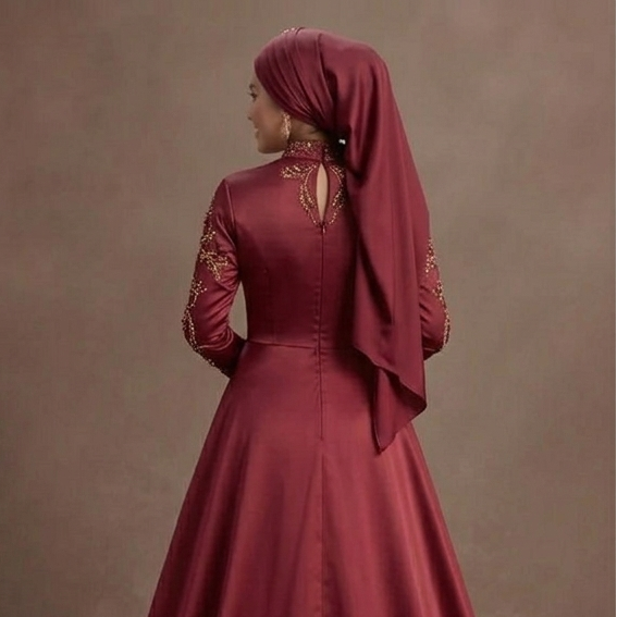 Muslim Prom Dress Wine Red Satin High Neck Formal Evening