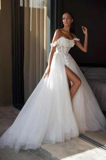 Beach Wedding Dresses Sexy Leg Slit A-line Wedding Gown Appliques Short sleeve Bridal Gowns Plus size Vestidos De Fiesta