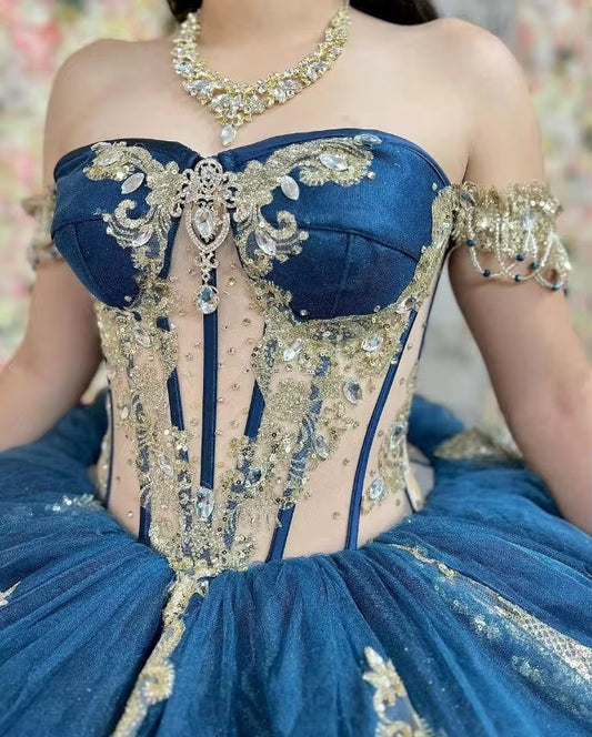 Vestidos De quinceañera azul marino brillantes Apliques De encaje dorado Vestidos De 15 años fiesta De cumpleaños De princesa Cenicienta