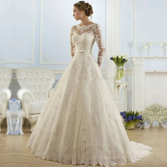 Long Sleeves Lace Wedding Dress Elegant Tulle Appliques Bridal Gowns Simple Sweep Train O-Neck A Line Vestidos De Novia As Picture