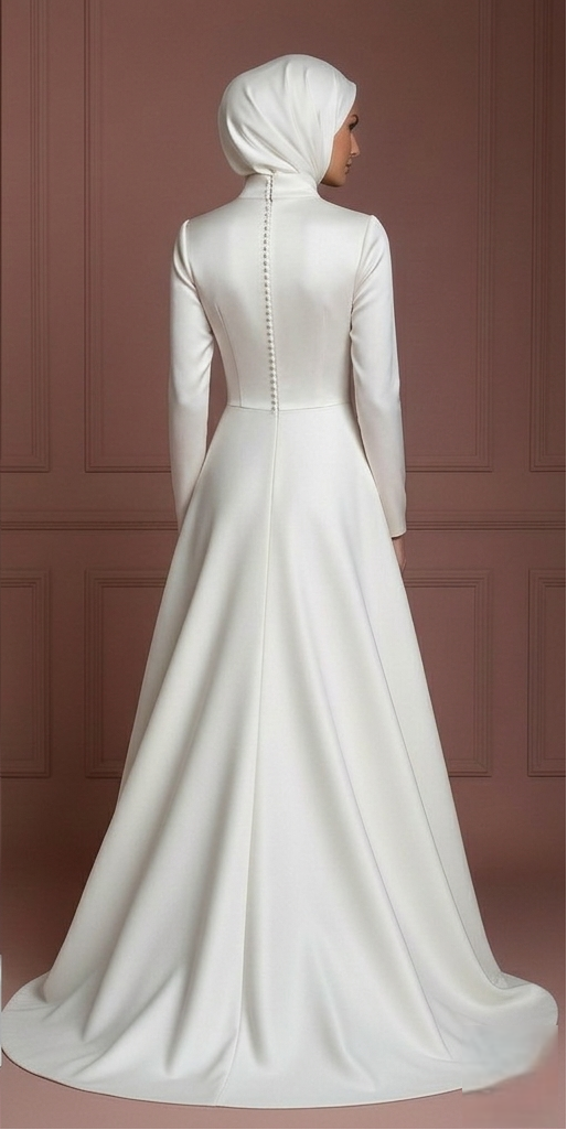 Nikah-Ready Satin Wedding Dress with Hijab – Soft Ivory A-Line Muslim
