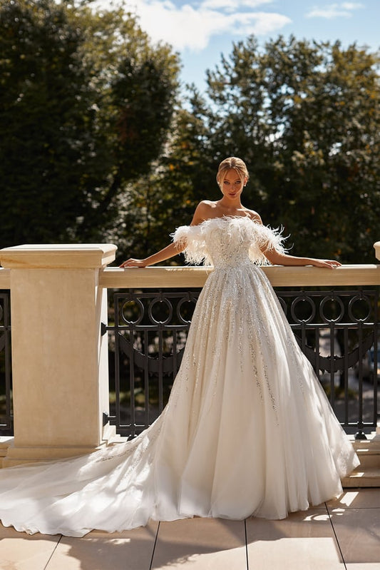 Elegant Feather Wedding Dresses Puffy Off The Shoulder A Line Wedding Dress Sequined Lace Country Bridal Gowns - Camilla's