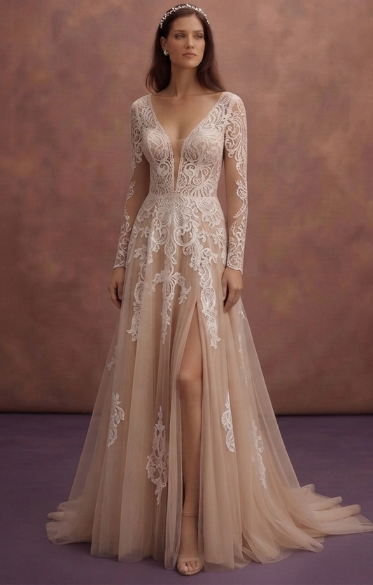 Nude Illusion Lace Wedding Dresses with Modern Style