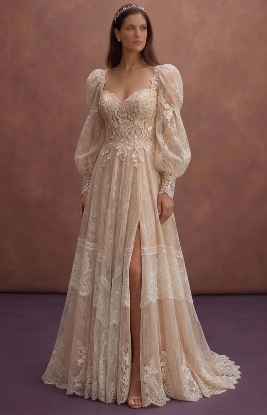 Nude Lace Wedding Dress with Romantic Puff Sleeves