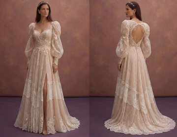 Nude Lace Wedding Dress with Romantic Puff Sleeves
