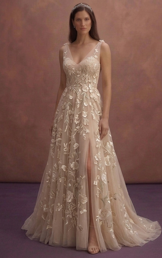 Nude Tulle A-Line Wedding Dress with Floral Embroidery