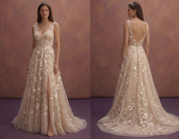 Nude Tulle A-Line Wedding Dress with Floral Embroidery