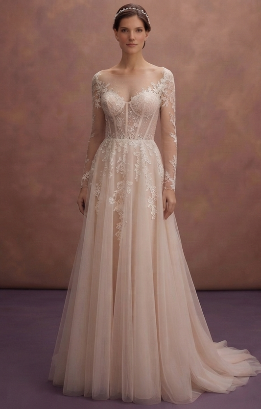 Nude Tulle Bridal Gowns with Soft Illusion Details
