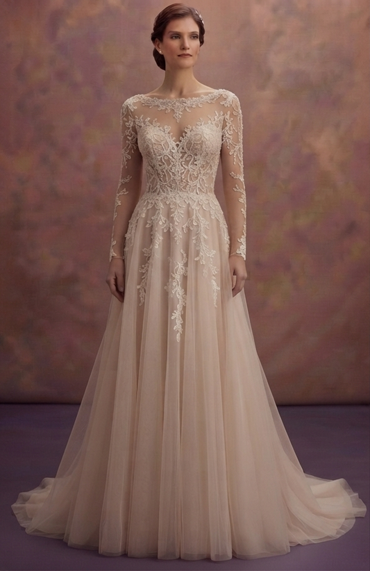 Nude Tulle Wedding Dresses with Illusion Details