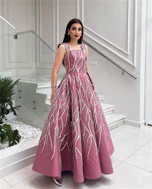 Modest Saudi Arabic Evening Dresses Spaghetti Strap A-Line Prom Dresses Ankle Length Appliques Vestidos De Gala