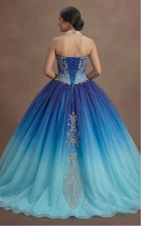 Ocean Blue Quinceañera Dress with Ombre Tulle Effect