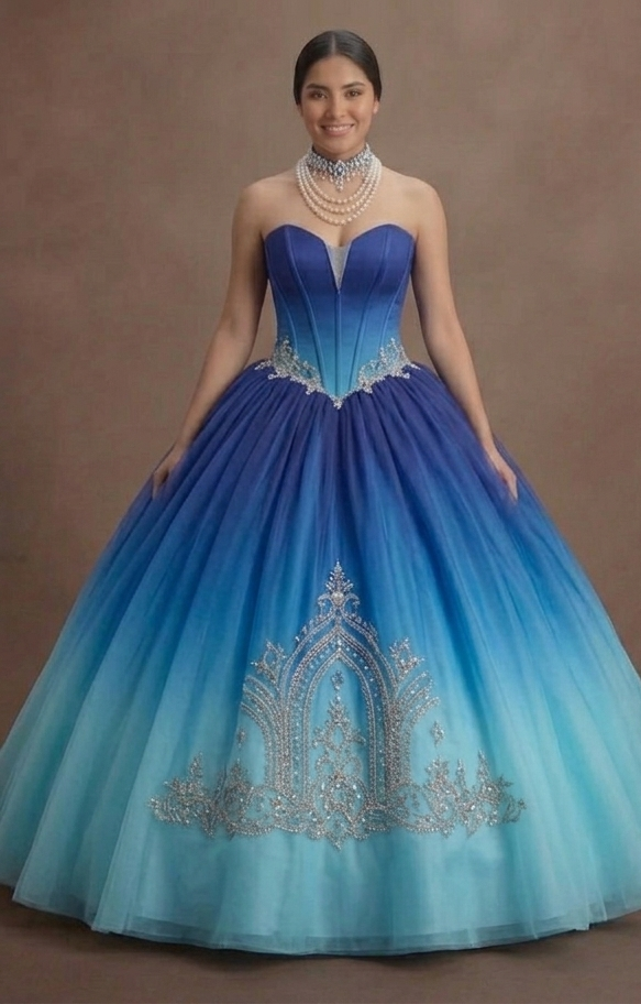 Ocean Blue Quinceañera Dress with Ombre Tulle Effect
