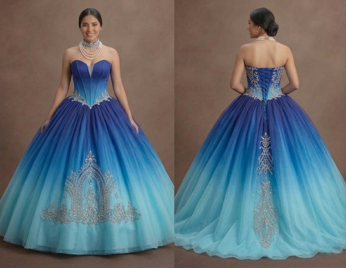 Ocean Blue Quinceañera Dress with Ombre Tulle Effect