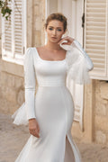 Customized Wedding Gown Boat Neck Elegance Sheath Fit Long Sleeves Completed a Sensuous Slit for Bridal Dress