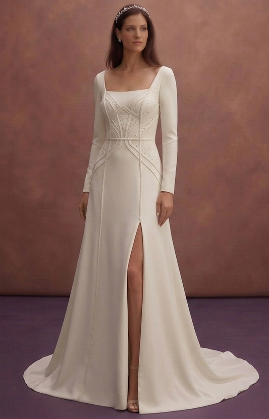 Off-White Minimalist Crepe Bridal Gown with Square Neck