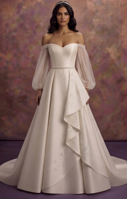 Off-the-Shoulder Wedding Dresses with Soft Tulle Sleeves