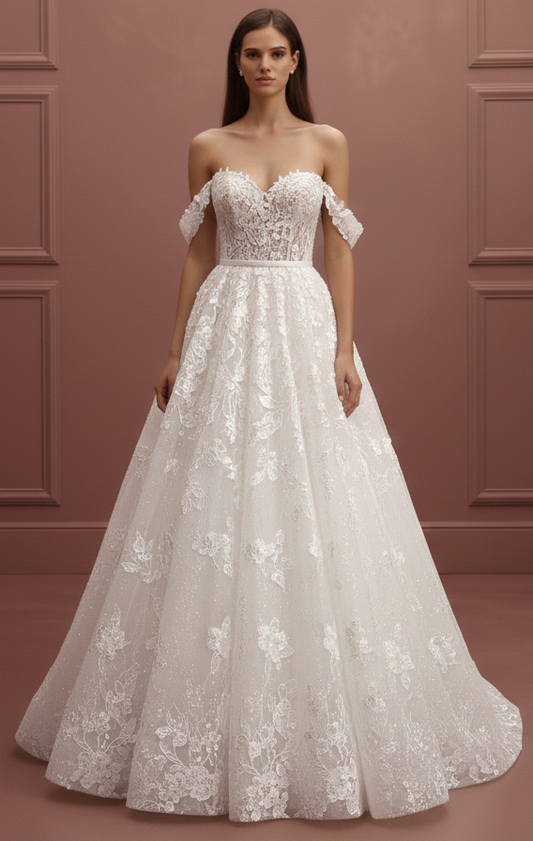 Off Shoulder Lace Wedding Dress Long Sweetheart Neckline Floral