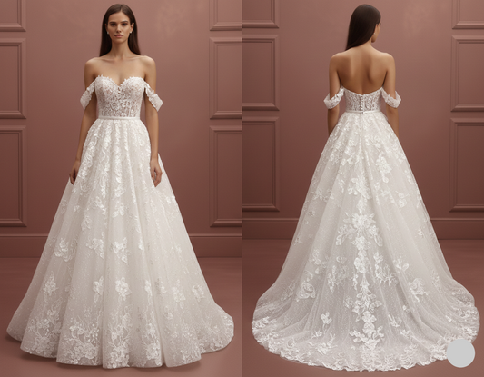 Off Shoulder Lace Wedding Dress Long Sweetheart Neckline Floral