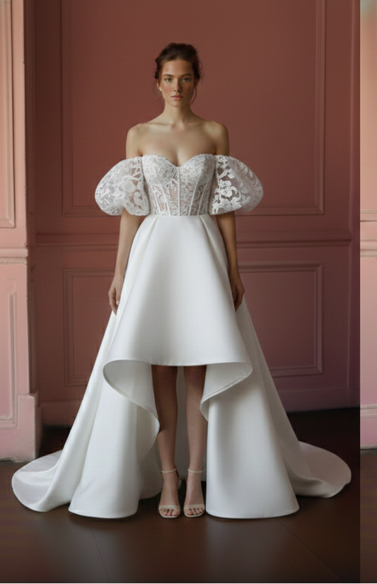 Off Shoulder Lace Wedding Dress Short Sweetheart Neckline Floral