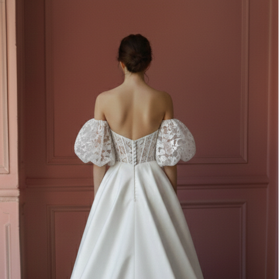 Off Shoulder Lace Wedding Dress Short Sweetheart Neckline Floral