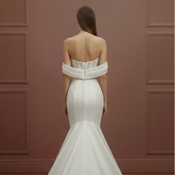 Off Shoulder Sleeve Wedding Dress Long Elegant Satin Gown