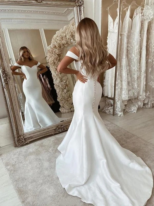 Simply Mermaid Wedding Dresses Sweetheart Off the Shoulder White Satin Long Train Bridal Dress Zipper With Buttons Wedding Gowns