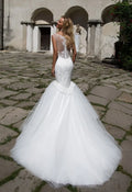 Exquisite Mermaid Wedding Gown with Strapless Illusion Neckline, Delicate Lace Detailing, and a Flattering Dropped Waist for a Breathtaking Bridal Look