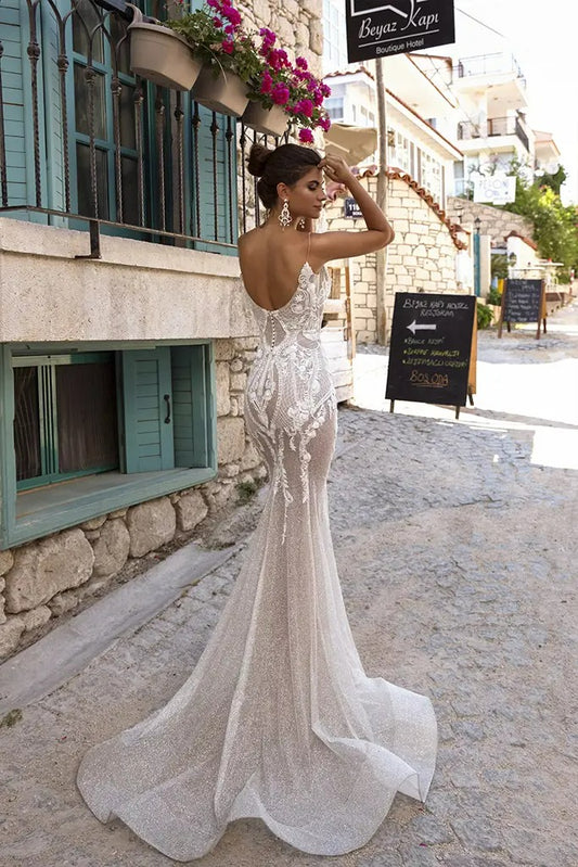 Glitter Tulle Ruffled Mermaid Bride Dresses Sheer Neckline Wedding Dress With Detachable Train Bridal Gown Vestidos De Novia