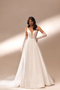 Elegant A-Line Bridal Gown V-Neckline, and Sequins Embellishments