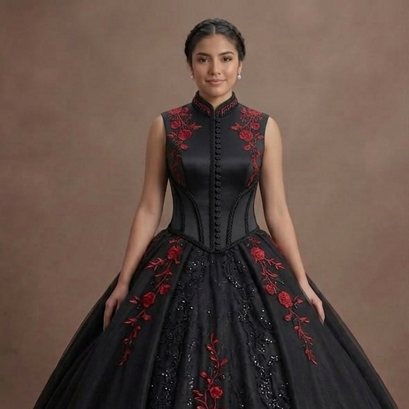 Onyx Black Quinceañera Gown with Red Rose Embroidery
