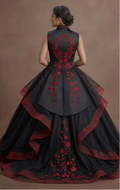 Onyx Black Quinceañera Gown with Red Rose Embroidery