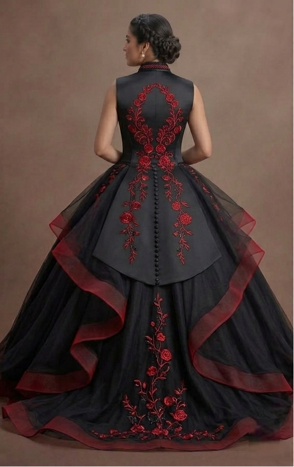 Onyx Black Quinceañera Gown with Red Rose Embroidery