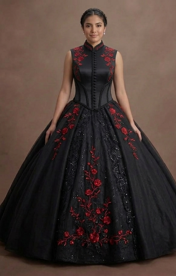 Onyx Black Quinceañera Gown with Red Rose Embroidery