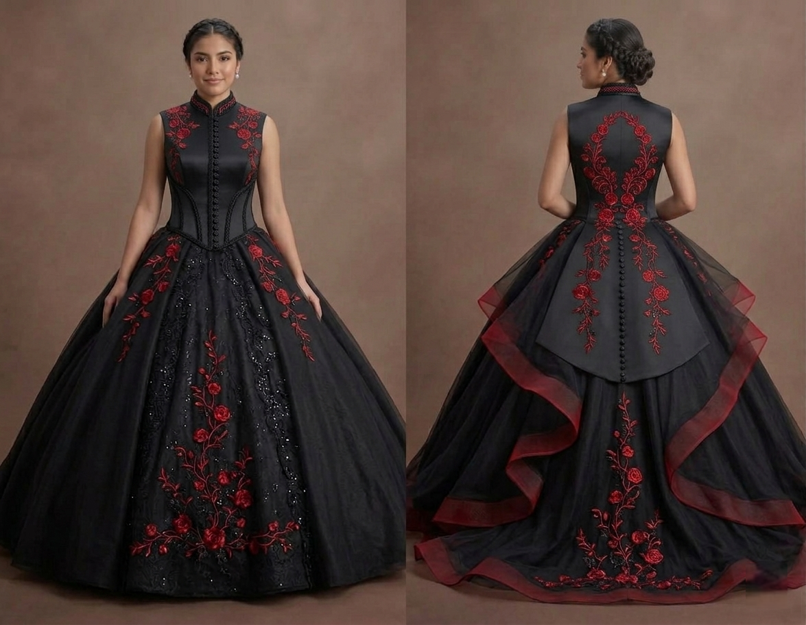 Onyx Black Quinceañera Gown with Red Rose Embroidery