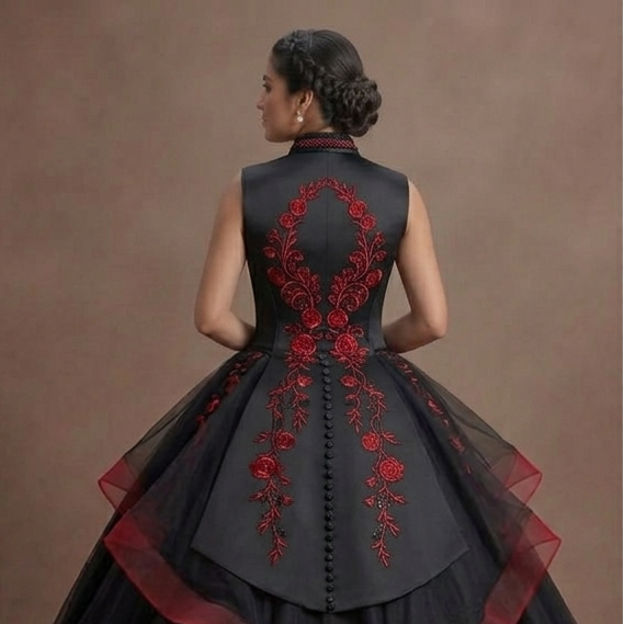 Onyx Black Quinceañera Gown with Red Rose Embroidery