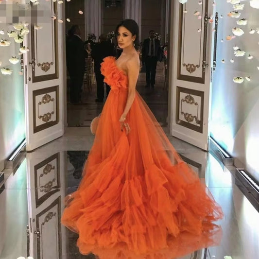 Orange Ruffles Tulle Evening Party Dresses Strapless Tiered Plus Size Prom Dresses A Line Special Occasion Gowns