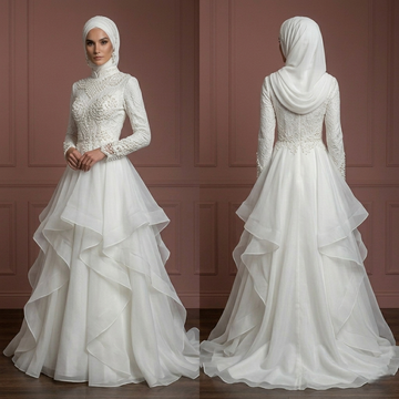 Organza A-Line Nikah Wedding Dress – Pearl White Modest Hijab Bridal Look Muslim