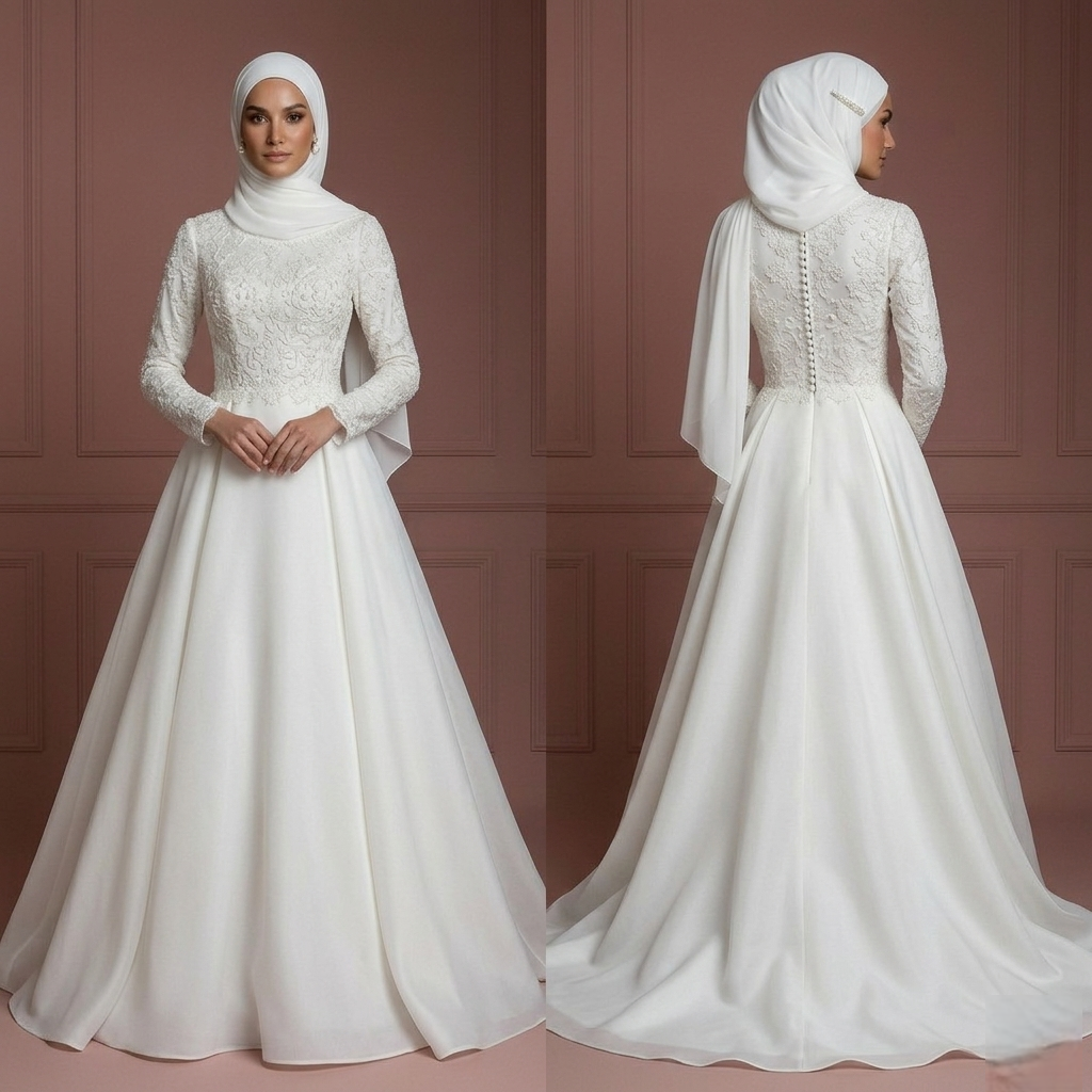 Organza Elegant Nikah Wedding Dress – Soft White Princess Hijab Style Muslim