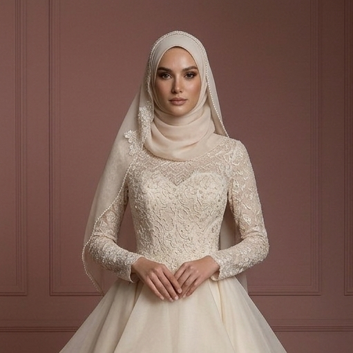 Organza Layered Ball Gown – Champagne Hijab Wedding Dress Muslim