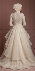 Organza Layered Ball Gown – Champagne Hijab Wedding Dress Muslim