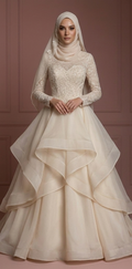 Organza Layered Ball Gown – Champagne Hijab Wedding Dress Muslim